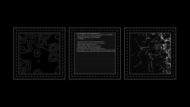 HUD animation, square interface screens. With dynamic elements. White on black background. 4K