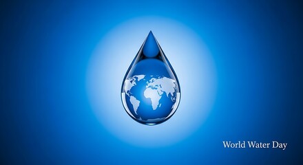 Obraz premium World water day concept with earth globe inside a single water droplet on blue background