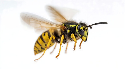 Close-up of a yellow and black wasp in flight against a white background with motion blur.