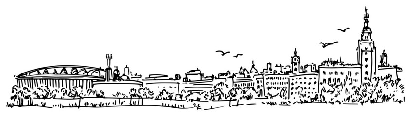 Obraz premium Wide hand drawn doodle of a city skyline featuring a modern stadium and historic buildings