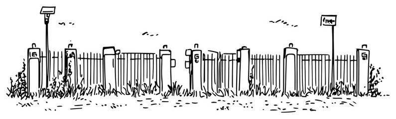 Obraz premium Hand drawn doodle sketch of an outdoor metal fence with overgrown grass and weeds