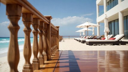 Luxury beachfront resort deck offering ocean view with lounge chairs and umbrellas on sandy beach