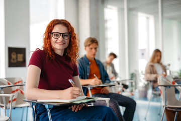 Group of college students attending lecture in university hall.