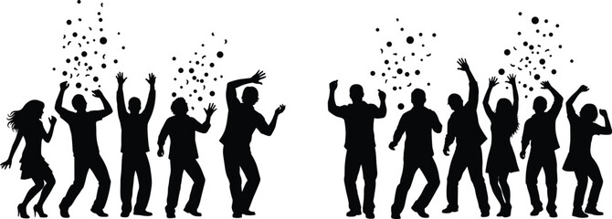 Silhouette people dancing with confetti, festive party celebration illustration artwork joyful social interaction - flavector
