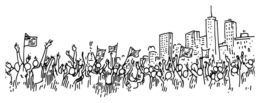 Crowd of people waving flags in front of a modern city skyline with skyscrapers hand drawn sketch