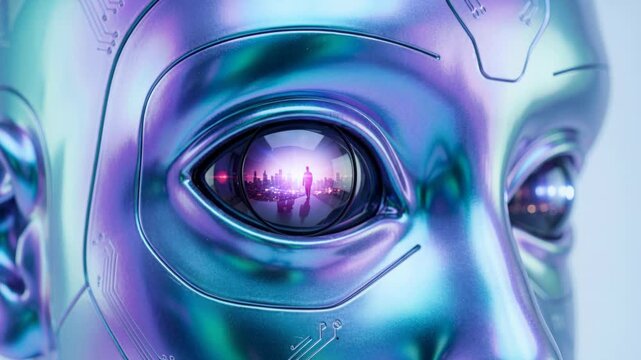 Robot head with a man reflected in its eye, symbolizing AI perception and advanced technology with a human element for future vision.