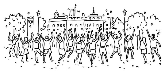 Obraz premium Group of people dancing and celebrating in front of city buildings in a sketchy doodle style