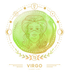 Naklejka premium Modern magic witchcraft card with astrology Virgo zodiac sign characteristic on watercolor background. Vector illustration