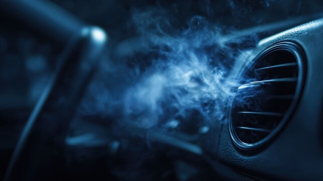 Cold smoke or steam coming out of car air conditioning vent in blue dark light.