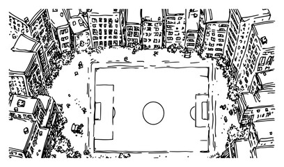 Top view of a soccer field surrounded by dense urban city buildings in hand drawn doodle style © Kaz