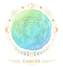 Naklejka premium Modern magic witchcraft card with astrology Cancer zodiac sign characteristic on watercolor background. Vector illustration
