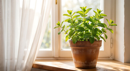 Fototapeta premium Potted green plant on a wooden windowsill with sheer curtains and natural light from a double-glazed window.