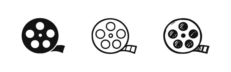 Obraz premium Film Reel Icon Set in Solid, Outline, and Hand-Drawn Styles - Cinema and Movie Production Symbol