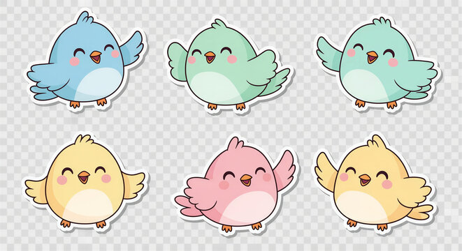 Adorable collection of happy pastel cartoon birds, cheerful little creatures for springtime designs and children's projects, cute illustrated vector style with transparent background