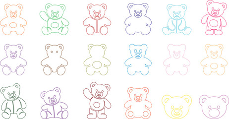 Obraz premium teddy bear vector set collection group with cute toy silhouette and outline icons, baby nursery plush mascot symbol isolated on transparent background, editable minimalist design