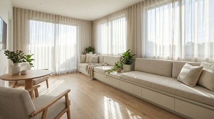 Fototapeta premium A sunlit room featuring a long built-in bench with neutral cushions and potted plants alongside an oval wooden table and chairs set against sheer-curtained windows and light hardwood floors