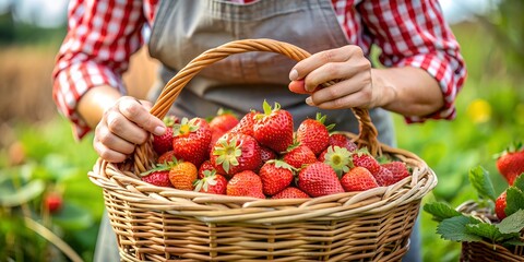 Person puts strawberries in a wicker basket
