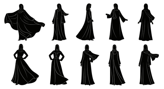Islamic Fashion Vector Silhouettes: Collection of Muslim Women in Abayas and Hijabs, Black and White Outline Illustrations of Modest Wear Culture.