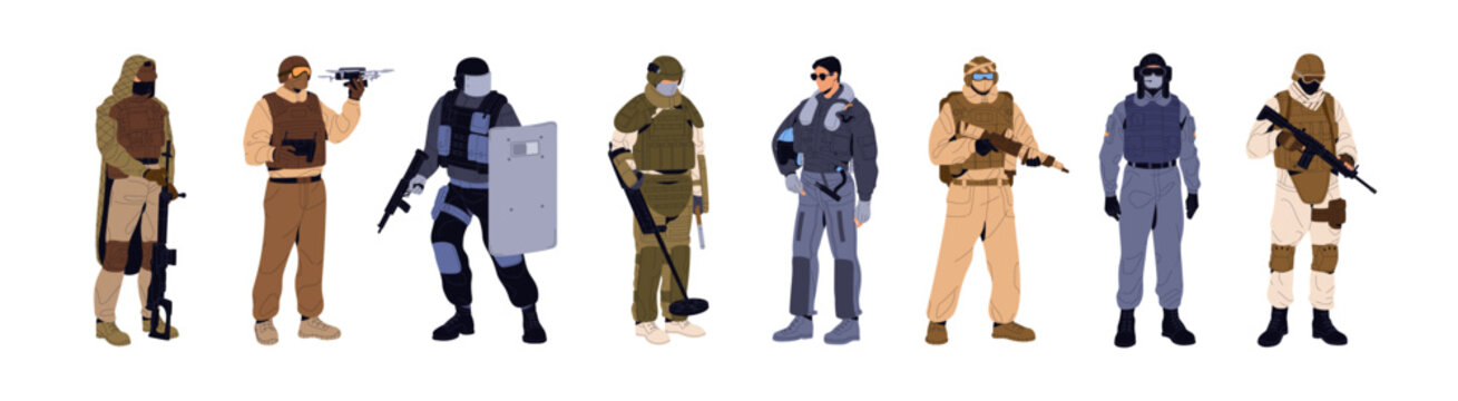 Set of different types of army. Soldiers in military uniform with weapon. Men of armed forces with guns: sharpshooter, tanker, swat, sniper, aviator, UAV operator. Flat isolated vector illustration.