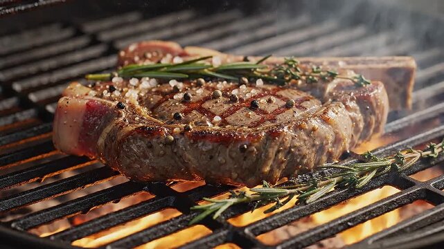 Juicy T-Bone Steak Grilling on Open Flame with Rosemary and Thyme, Sizzling BBQ Beef Steak on Hot Charcoal Grill