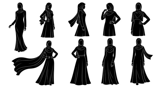 Black and White Vector Silhouettes of Muslim Women in Modest Islamic Fashion Abayas and Hijabs, Traditional Clothing Design Collection