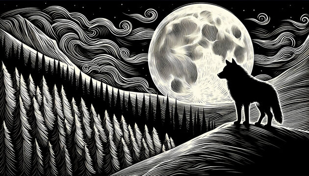 High contrast white engraved line art of two wolves at a full moon in a dark forest, scratchboard style landscape.