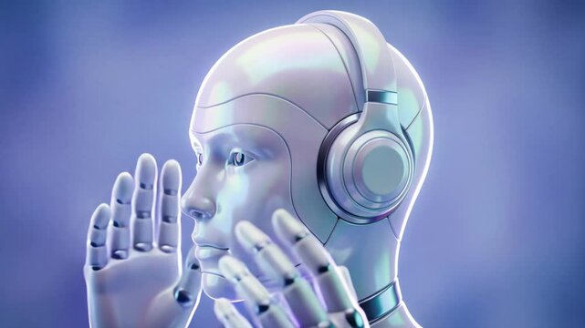 Robotic woman with headphone against blue background for science fiction, ai or podcast concept background