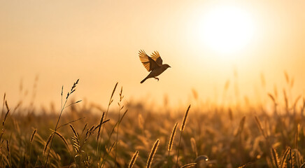 Obraz premium Butterfly flying over a wheat field at sunset with warm golden light and soft focus.
