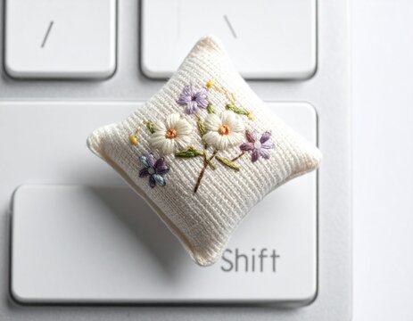 Floral Embroidered Pillow on Keyboard Shift Key.