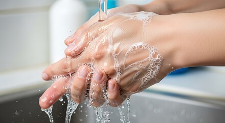Fototapeta premium Person washing hands with soap and water in sink hygiene and cleanliness concept