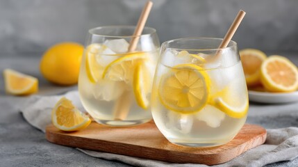 Fototapeta premium Refreshing Lemonade with Fresh Lemon Slices and Ice in Stylish Glasses on Wooden Board Surrounded by Lemon Halves and Gray Background