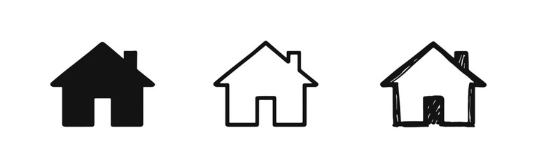 House and home icon set in solid, outline, and hand-drawn styles for web and app design.