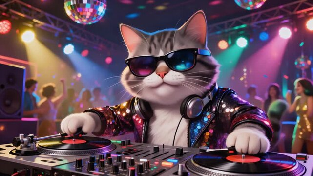 Exaggerated cartoon cat DJ mixing music on turntables under colorful disco lights, creating a playful party atmosphere with vibrant energy and fun nightlife vibes.
