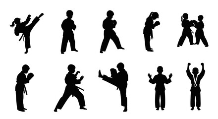 Obraz premium Black and White Silhouette of Kids Practicing Karate and Taekwondo Poses in a Vector Style