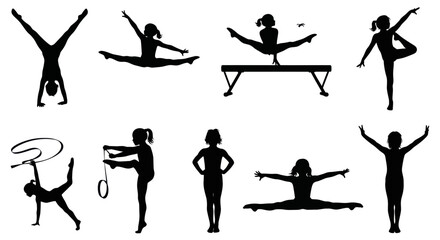 Silhouettes of Young Female Gymnasts Performing Various Artistic Routines in Black and White