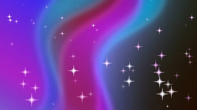 Vibrant purple, blue, and pink gradient background with sparkling stars in space