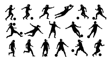Black and White Silhouettes of Female Soccer Players in Various Poses, Vector Art