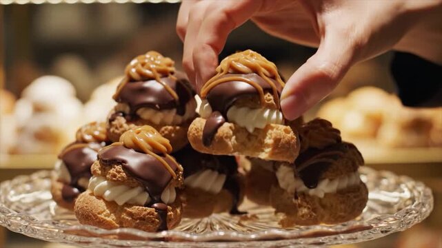 A hand delicately picks a chocolate-dipped cream puff from a glass plate filled with assorted pastries in a bakery environment from a close-up viewpoint