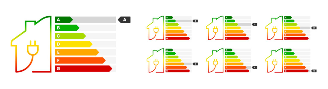 Energy efficiency class rating label set. Isolated home energetic efficiency certification template. eco-friendly house classes appliance rate collection: A, B, C, D, E, F, G. Vector illustration.
