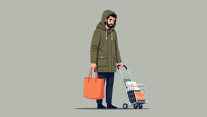 Vector Illustration of Man Pushes Shopping Cart with Orange Bag While Wearing Green Parka After Shopping at Store © vector
