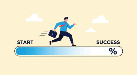 Fototapeta premium Businessman Running on Progress Bar from Start to Success