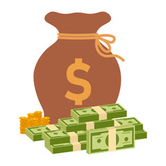 Money Bag with Stacks of Bills and Coins Rich, Abundant, Wealthy