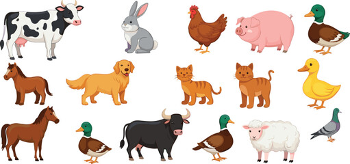 Farm animals collection with cow horse pig sheep chicken duck cat dog and livestock cartoon vector illustration set © MdNipon