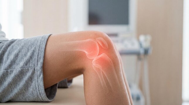 Close-up of boy knee joint area with subtle red pain highlight 