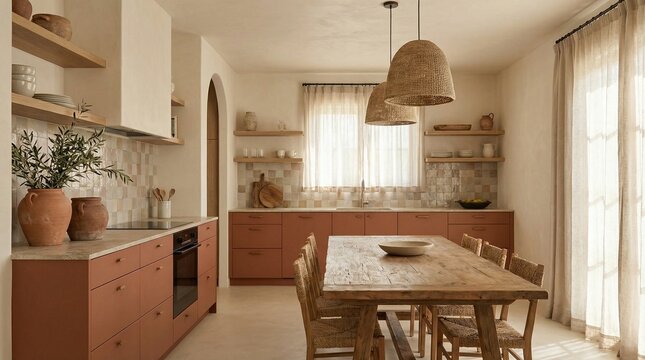 A bright kitchen with terracotta cabinets a rustic wooden table woven chairs large windows with sheer curtains and natural decor