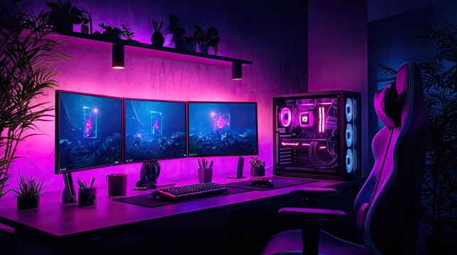 Immersive digital workspace features multiple monitors and illuminated computer tower setup
