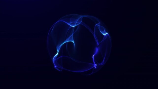 Seamless loop of an abstract blue glowing sphere formed by flowing light ribbons. Smooth energy motion creates a futuristic digital object in high-resolution 4K space.