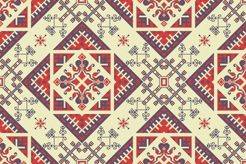 Vibrant geometric pattern with red, blue, and cream colors