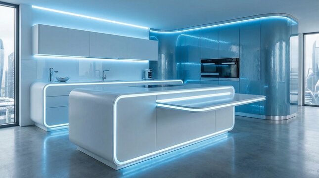 A modern futuristic kitchen features white cabinetry a large island with blue LED lighting a textured blue wall and large windows overlooking a city