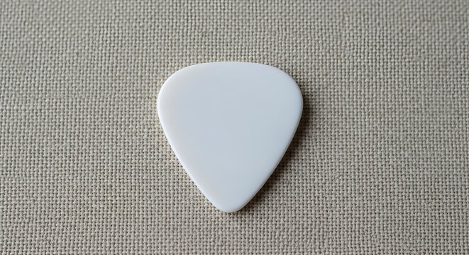 A plain white triangular guitar pick resting on a textured fabric background